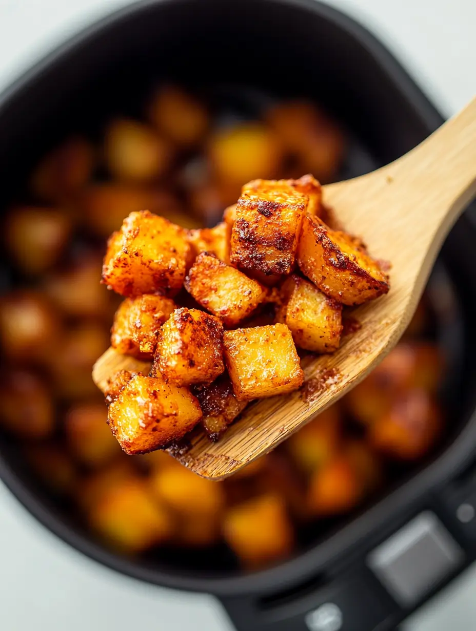 Crispy Air Fryer Breakfast Potatoes 19 Wooden-Spoon-Lifting-Crispy-Air-Fried-Potato-Cubes