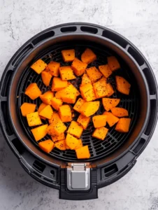 seasoned-butternut-squash-cubes-in-air-fryer-basket