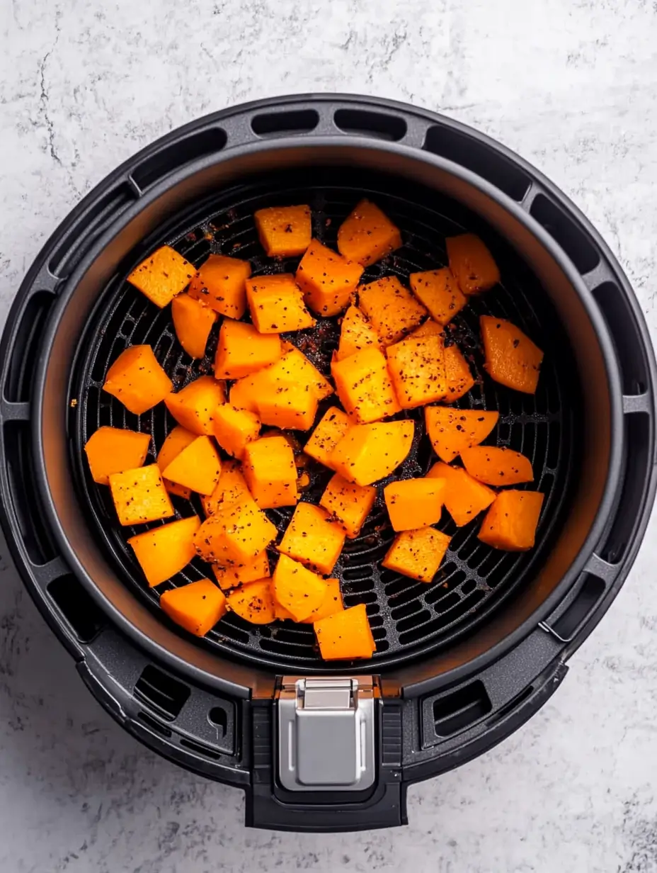 Caramelized Air Fryer Butternut Squash 15 seasoned-butternut-squash-cubes-in-air-fryer-basket
