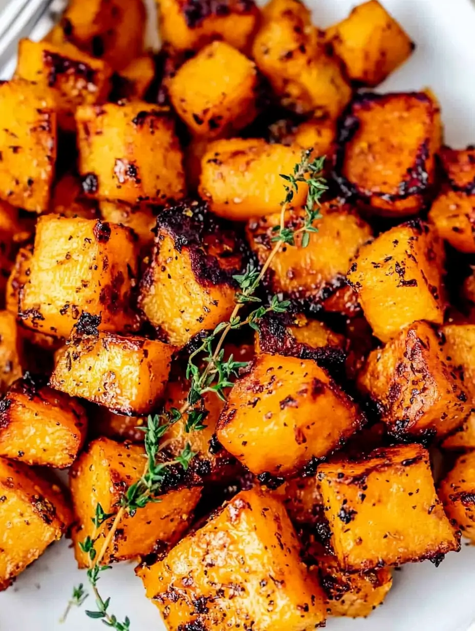 Caramelized Air Fryer Butternut Squash 17 air-fried-butternut-squash-cubes-with-thyme-on-plate