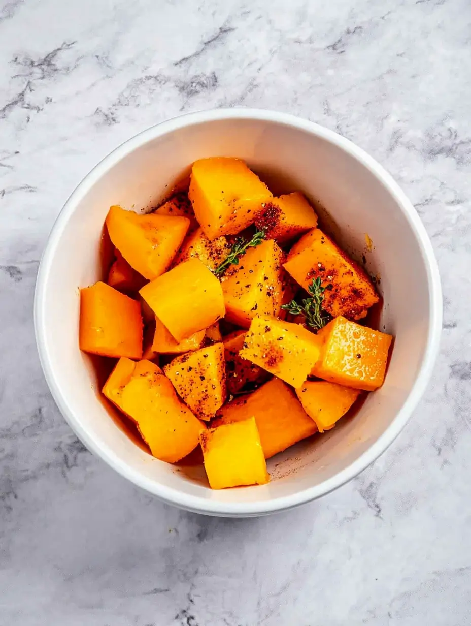 Caramelized Air Fryer Butternut Squash 14 raw-butternut-squash-cubes-seasoned-in-white-bowl