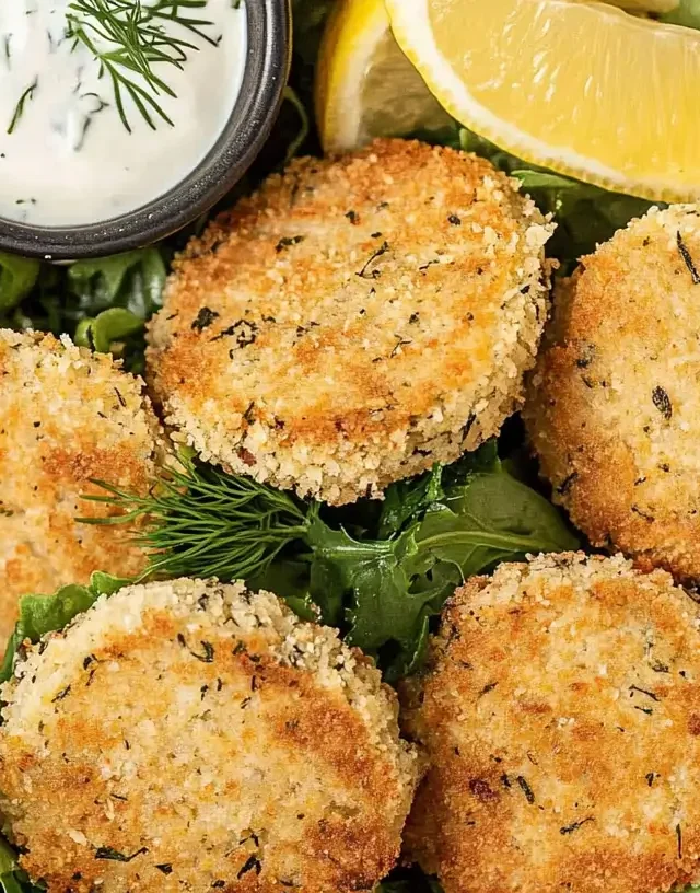 A bowl of golden-brown crispy chicken patties served on a bed of fresh arugula with lemon wedges and a small bowl of creamy dill sauce.