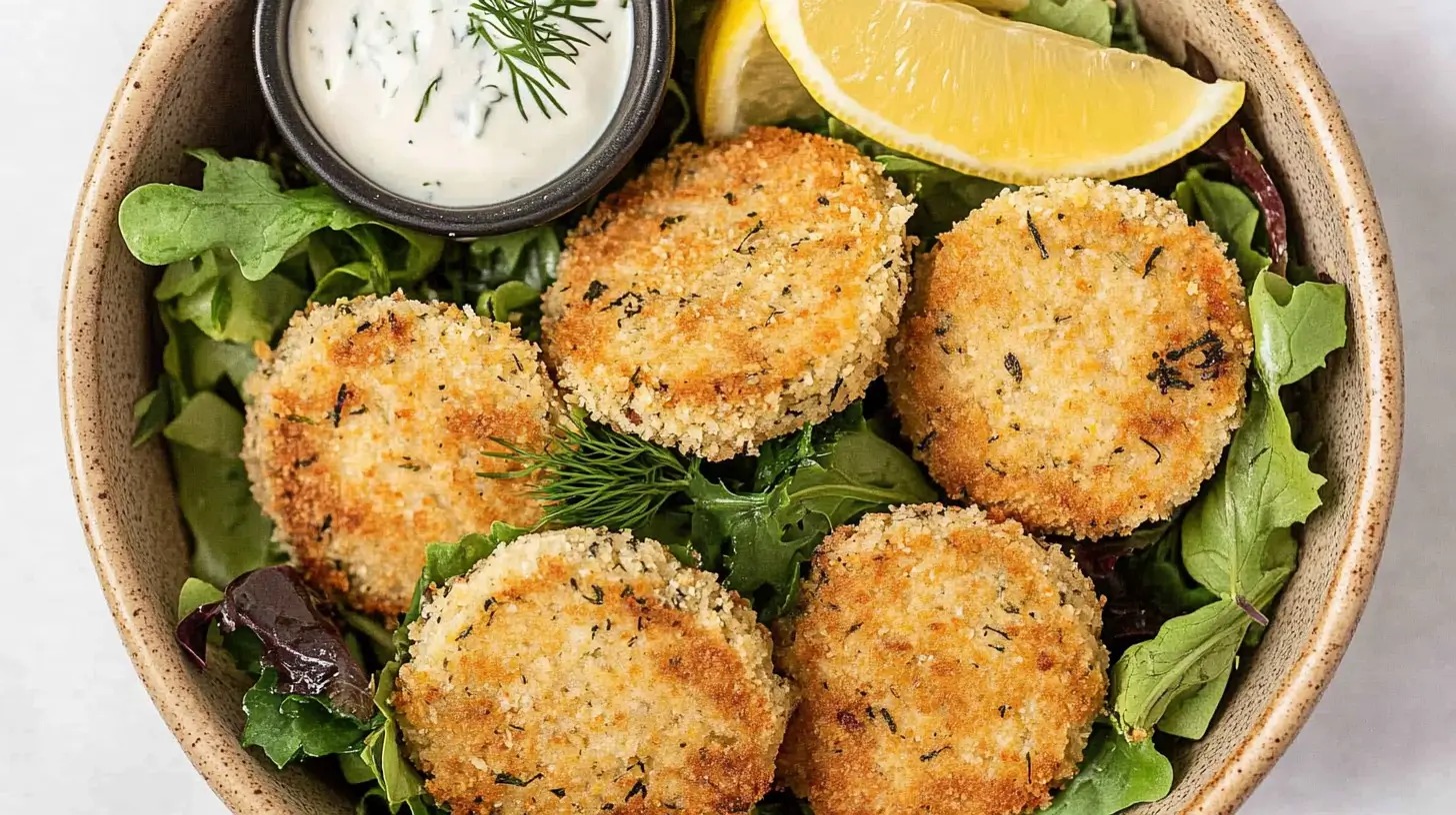 Air Fryer Chicken Recipes 5 A bowl of golden-brown crispy chicken patties served on a bed of fresh arugula with lemon wedges and a small bowl of creamy dill sauce.