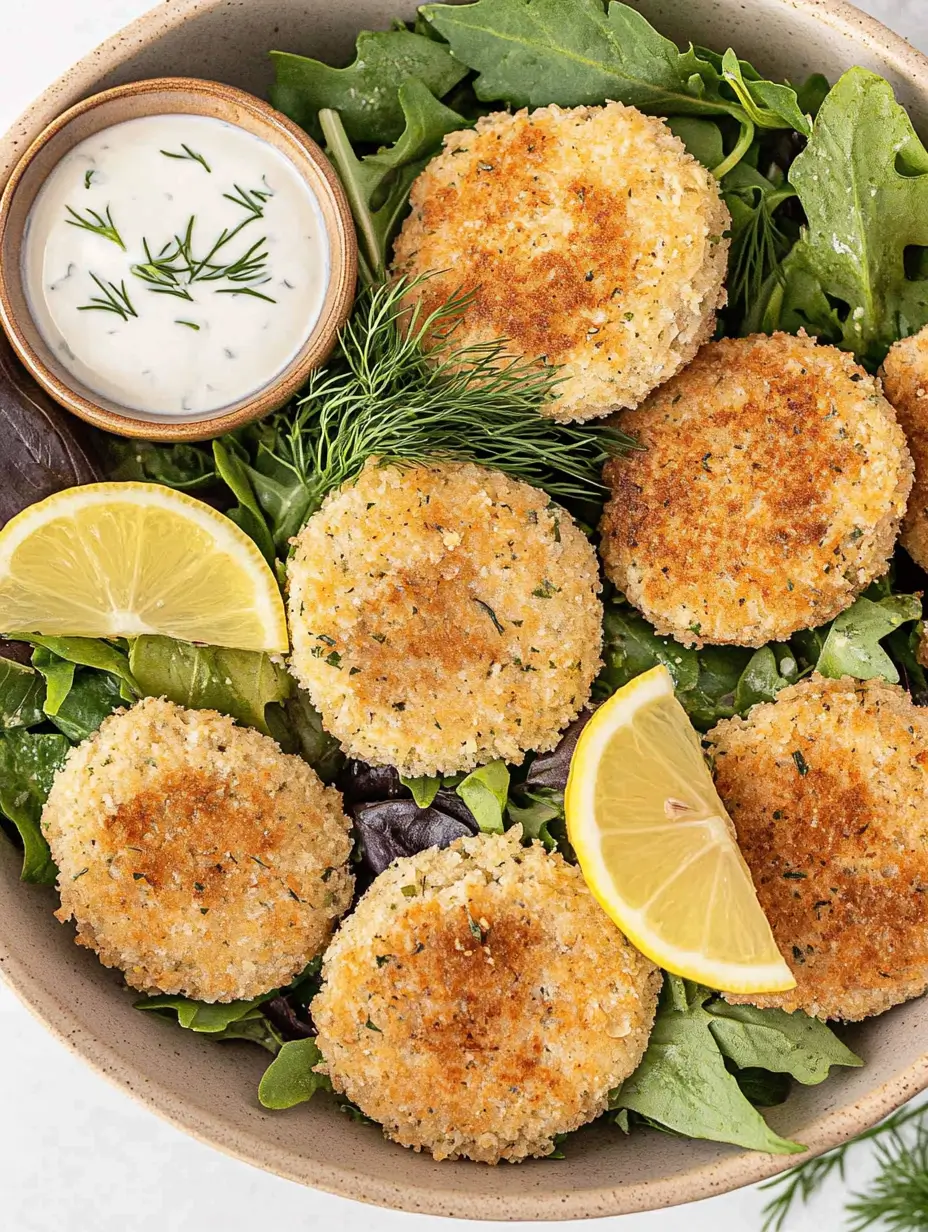 Breaded and crispy chicken patties served on a bed of mixed greens with lemon wedges and a creamy dipping sauce garnished with fresh dill.