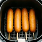Air Fryer Corn Dogs In Minutes 12 Four perfectly browned corn dogs cooking in an air fryer basket.