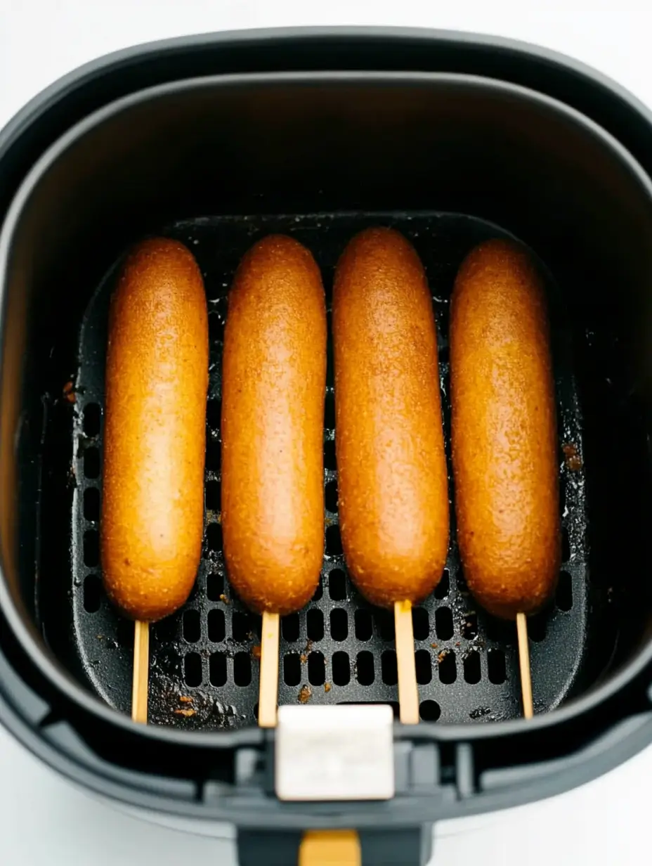 Air Fryer Corn Dogs In Minutes 9 Four perfectly browned corn dogs cooking in an air fryer basket.