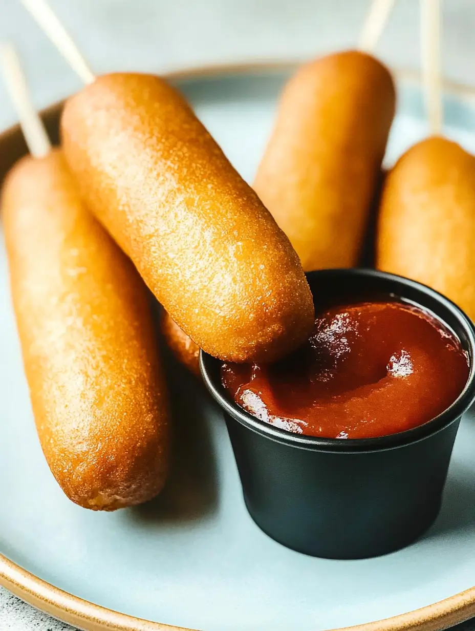 Air Fryer Corn Dogs In Minutes 11 A corn dog dipped into a black bowl of ketchup, surrounded by more corn dogs on a plate.