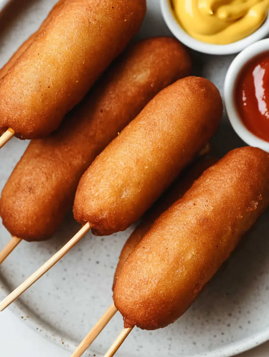 Air Fryer Corn Dogs In Minutes 8 Four golden-brown goodies on a plate with mustard and ketchup dipping sauces.