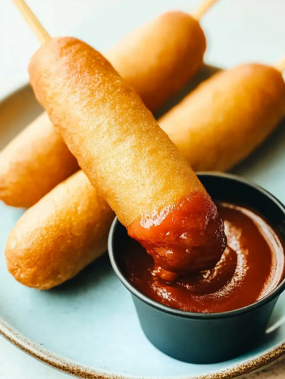 Air Fryer Corn Dogs In Minutes 10 Close-up of a corn dog dipped in ketchup, with three corn dogs in the background on a plate.