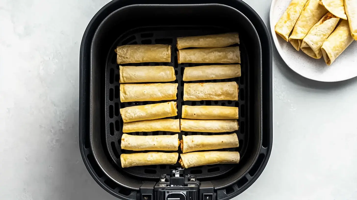 Rolled tortillas with filling arranged neatly in an air fryer basket, ready to be cooked.