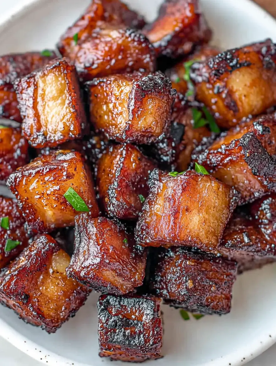 Air Fryer Pork Belly Bites 10 air-fryer-pork-belly-cubes-on-a-white-plate-with-garnished-parsley