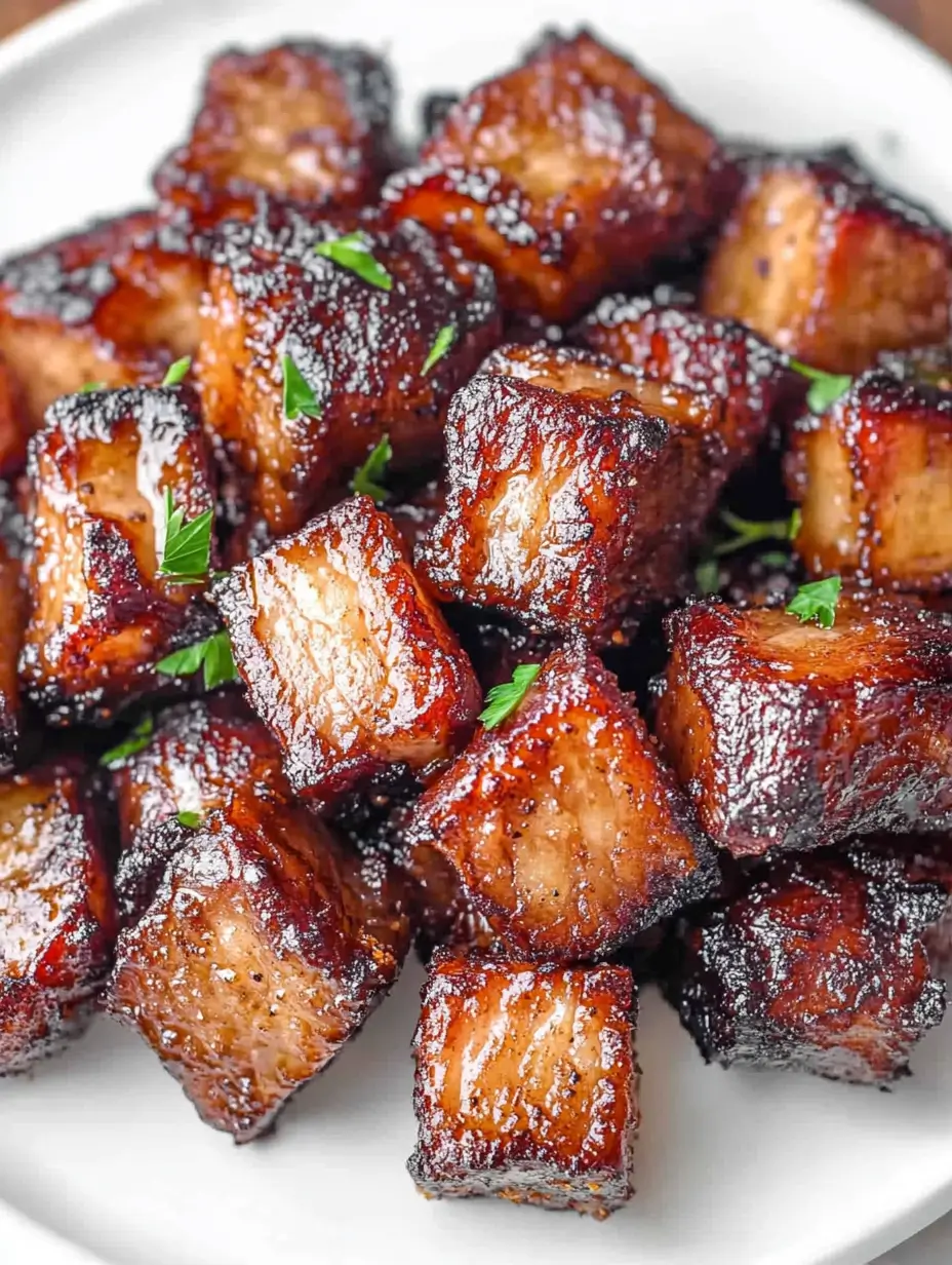 Air Fryer Pork Belly Bites 15 glazed-pork-belly-bites-in-a-white-plate-close-up