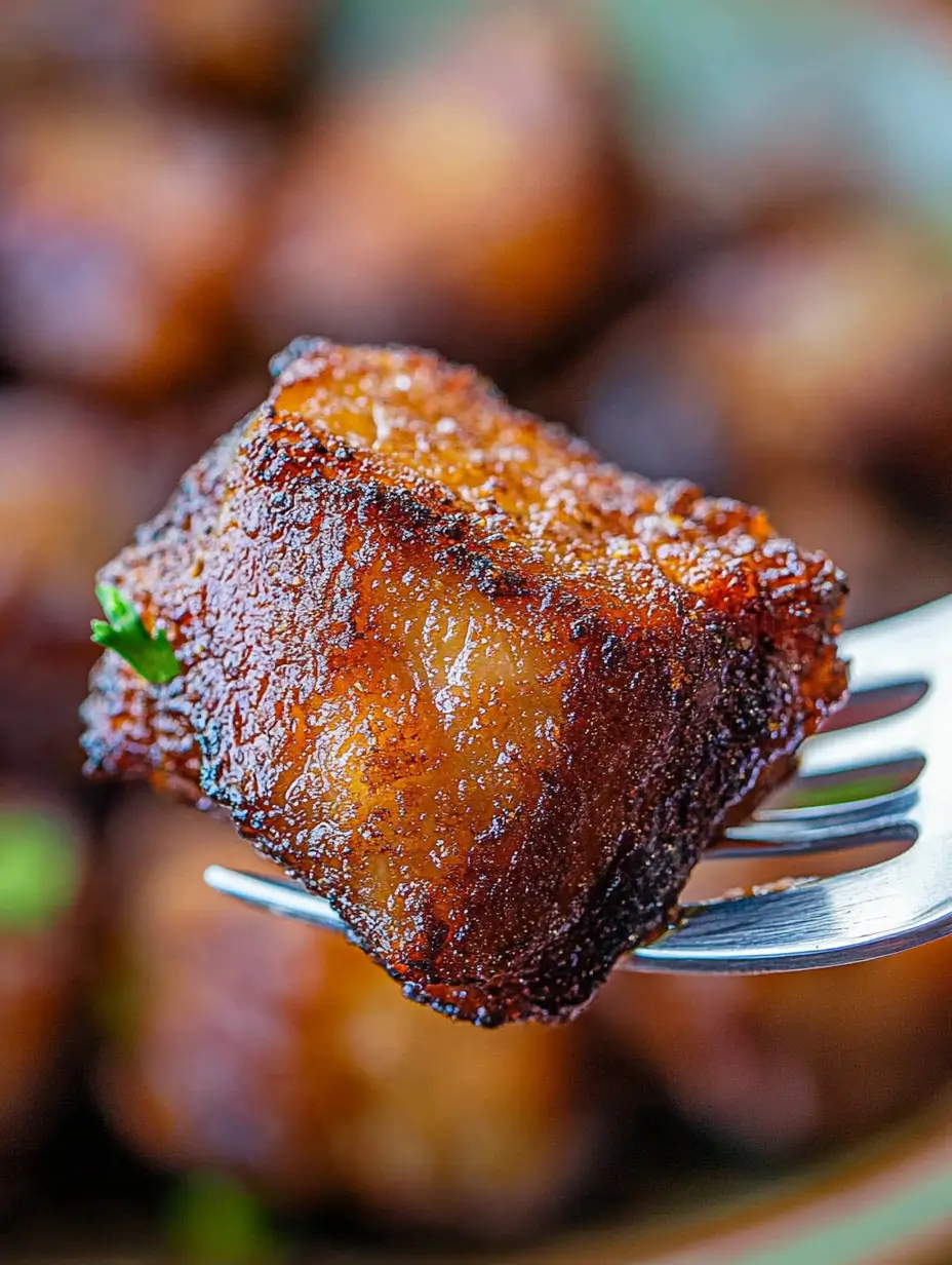 Air Fryer Pork Belly Bites 12 close-up-of-a-single-pork-belly-bite-on-a-fork