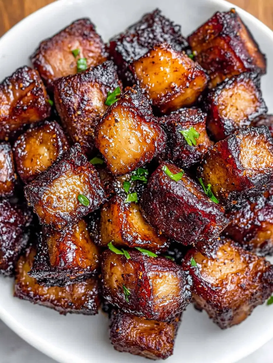 Air Fryer Pork Belly Bites 11 close-up-of-pork-belly-bites-with-parsley-garnish-in-a-white-plate