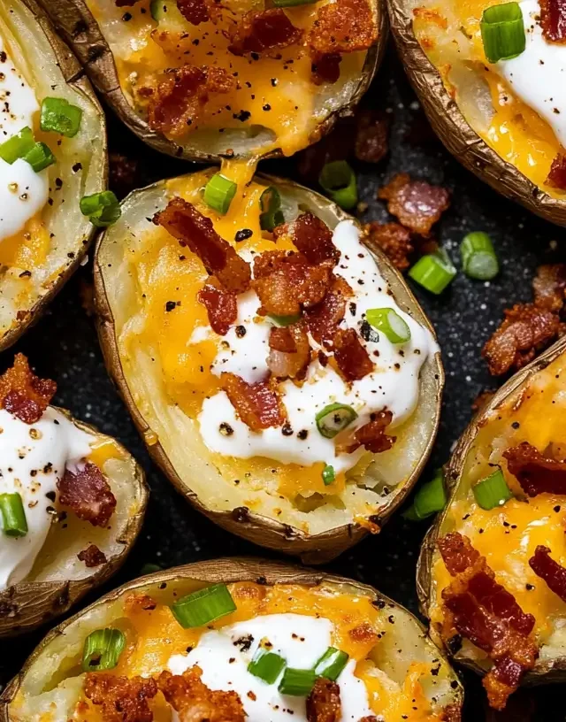 air-fryer-potato-skins-with-crispy-bacon-and-sour-cream-on-a-plate