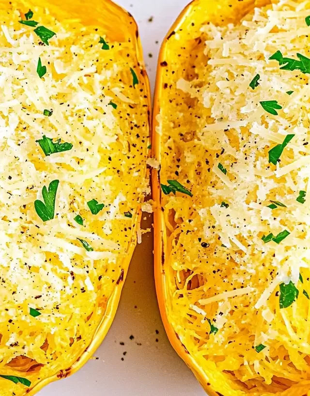 Two air fryer spaghetti squash halves loaded with Parmesan cheese and garnished with parsley on a white plate.