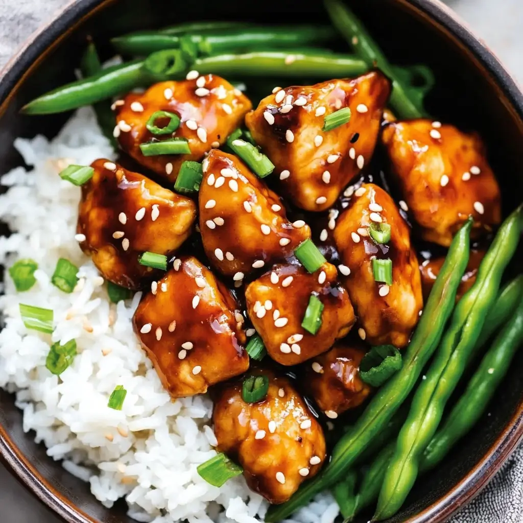 Ridiculously Good Air Fryer Teriyaki Chicken 11 black-bowl-filled-with-teriyaki-chicken-white-rice-and-green-beans