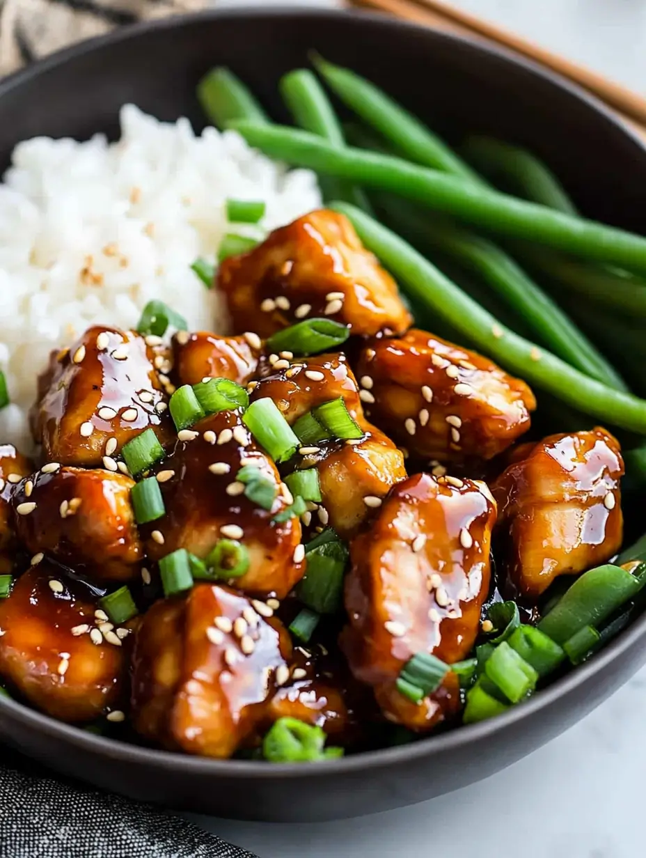 Ridiculously Good Air Fryer Teriyaki Chicken 17 air-fryer-teriyaki-chicken-with-sesame-seeds-and-green-onions-served-over-white-rice-and-green-beans-in-a-black-bowl