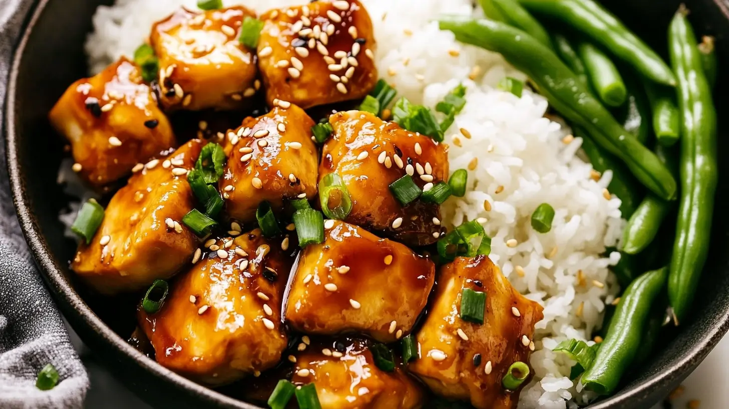 Ridiculously Good Air Fryer Teriyaki Chicken 10 side-view-of-air-fryer-teriyaki-chicken-served-with-rice-and-green-beans