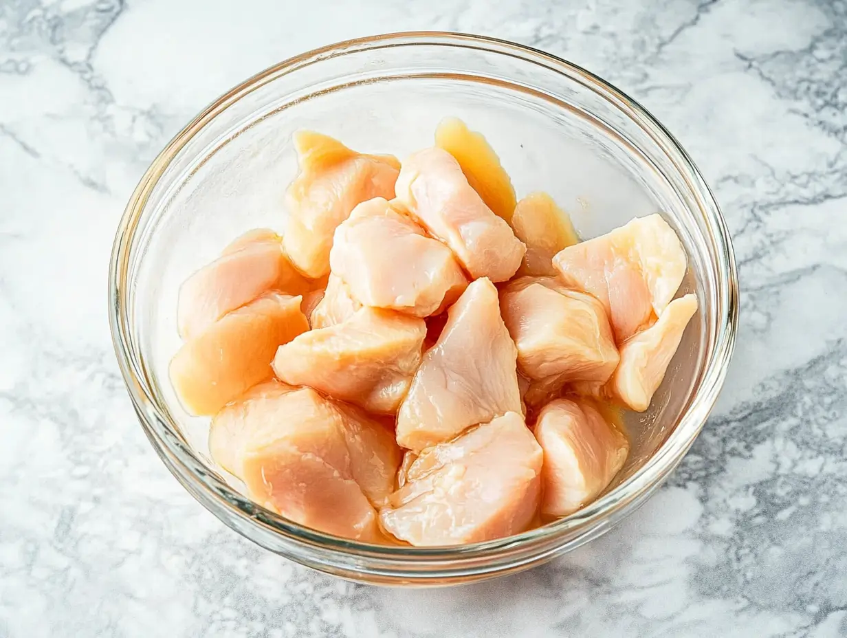 Ridiculously Good Air Fryer Teriyaki Chicken 12 raw-chicken-breast-cubes-in-a-glass-bowl-ready-for-marination