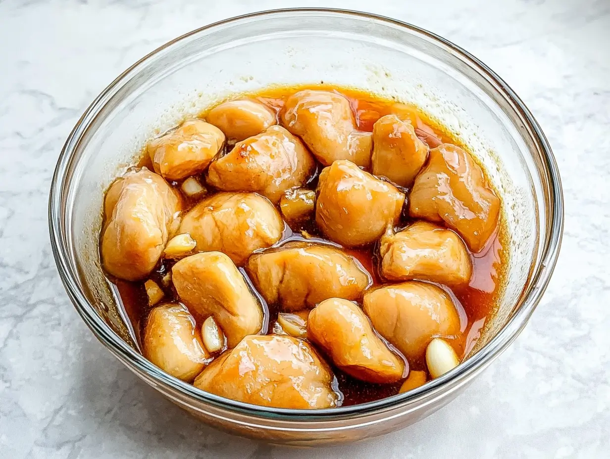 Ridiculously Good Air Fryer Teriyaki Chicken 14 marinated-chicken-breast-cubes-soaking-in-teriyaki-sauce-in-a-glass-bow