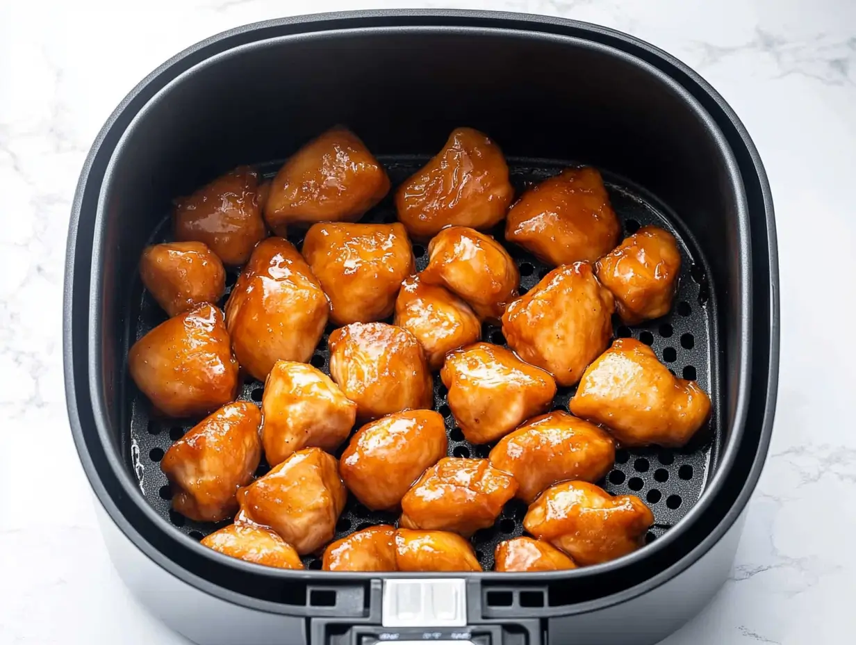 Ridiculously Good Air Fryer Teriyaki Chicken 15 glazed-chicken-cubes-placed-in-an-air-fryer-basket-ready-to-cook