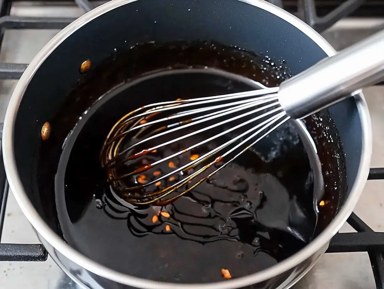 Ridiculously Good Air Fryer Teriyaki Chicken 16 thick-teriyaki-sauce-being-whisked-in-a-saucepan-over-the-stove
