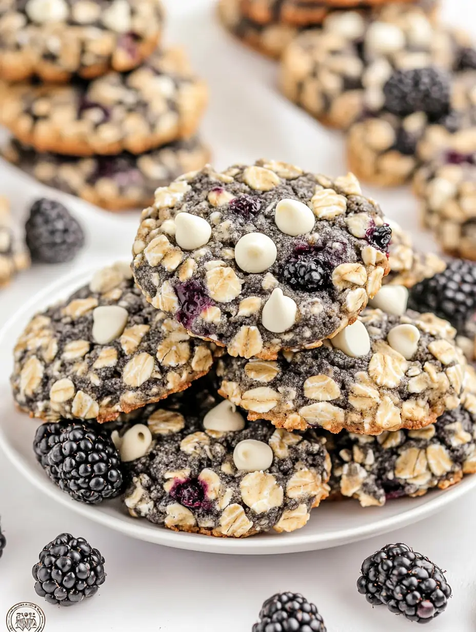 Blackberry Oatmeal Cookies 24 blackberry-oatmeal-cookies-stacked-with-white-chocolate-chips-on-a-white-plate