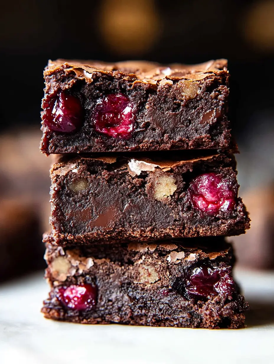 Cherry Brownies Made from Scratch 23 close-up-of-three-stacked-brownie-pieces-showing-cherries-inside-and-moist-texture