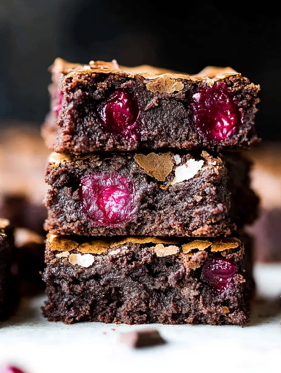 Cherry Brownies Made from Scratch 14 side-view-of-brownie-squares-stacked-showing-rich-chocolatey-layers-and-cherries