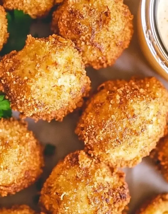 Close-up of golden-brown crab balls garnished with parsley