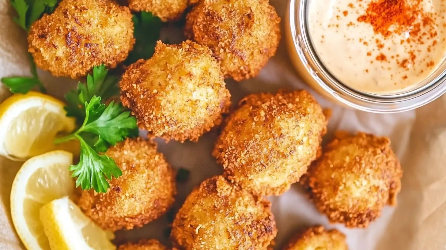 Close-up of golden-brown crab balls garnished with parsley