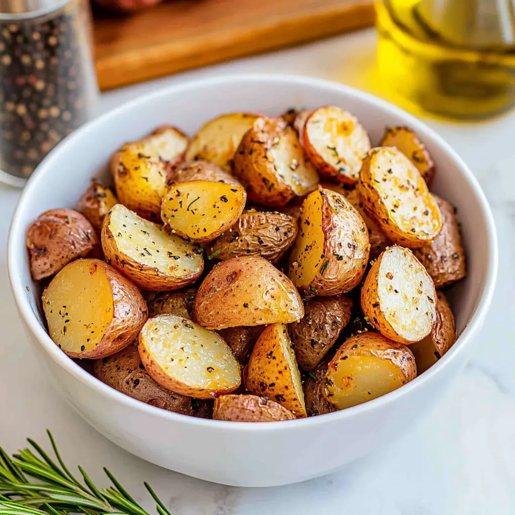 A serving bowl filled with crispy air fryer red potato halves, lightly browned and sprinkled with fresh herbs, with a background of kitchen spices and an olive oil bottle.