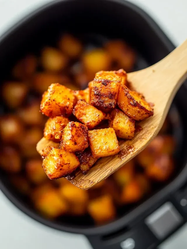 Wooden-Spoon-Lifting-Crispy-Air-Fried-Potatoes-Cubes