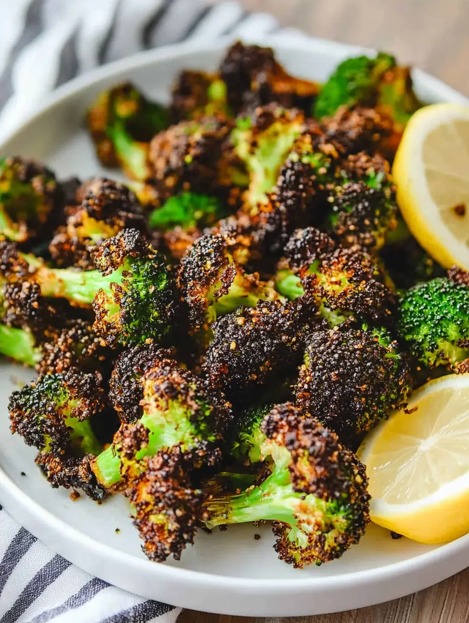 Frozen Broccoli in Air Fryer 15 golden-air-fried-broccoli-with-lemon-slices-on-a-white-plate