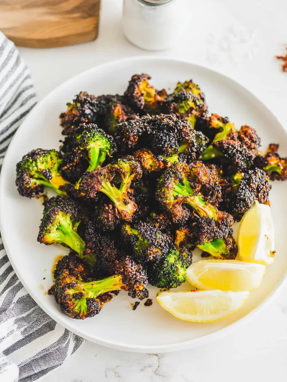 Frozen Broccoli in Air Fryer 16 crispy-air-fried-broccoli-on-a-white-plate-with-lemon-wedges