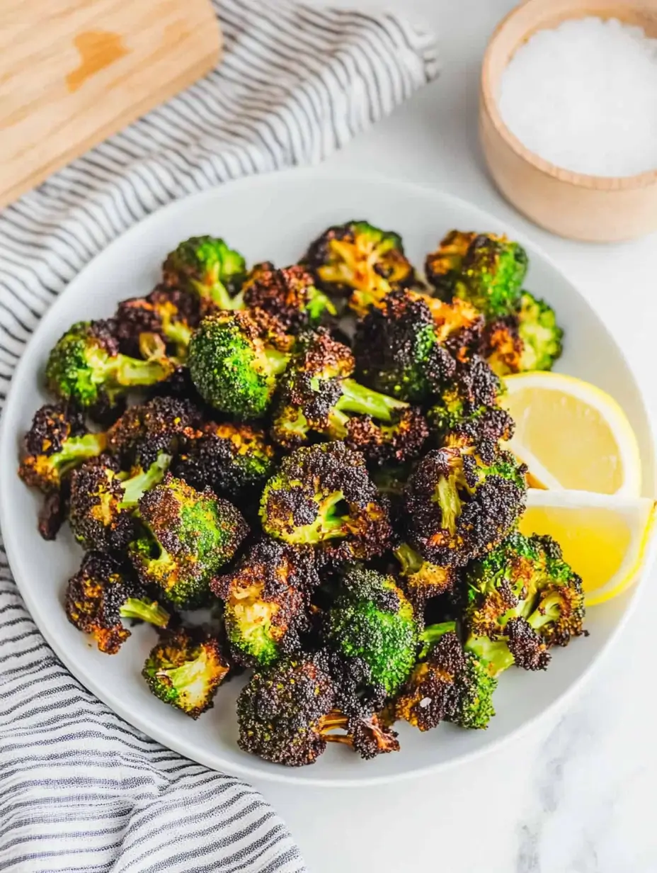 Frozen Broccoli in Air Fryer 10 air-fried-broccoli-florets-served-on-a-plate-with-lemon-slices