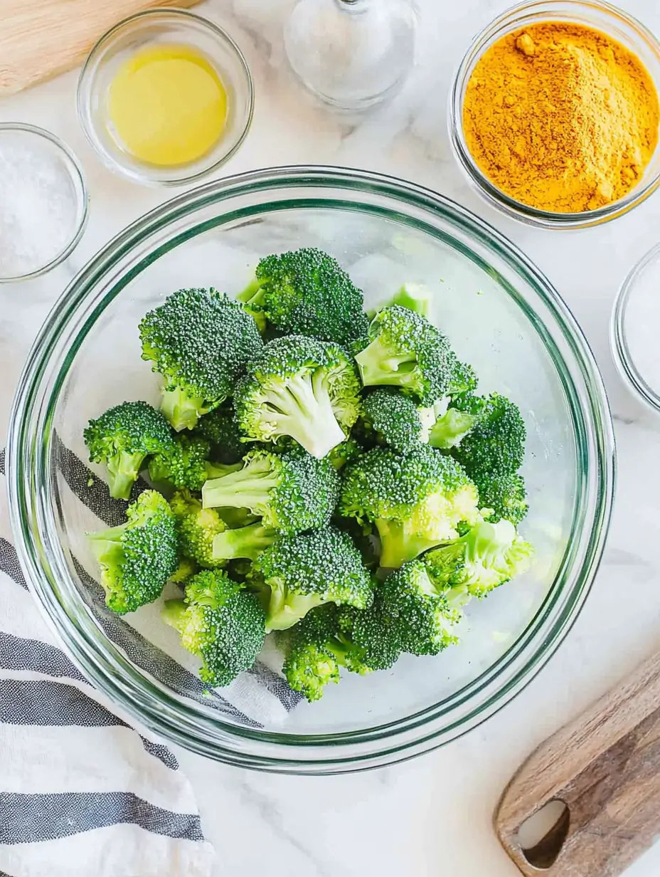 Frozen Broccoli in Air Fryer 12 bowl-of-fresh-broccoli-florets-surrounded-by-ingredients-including-turmeric-and-oil