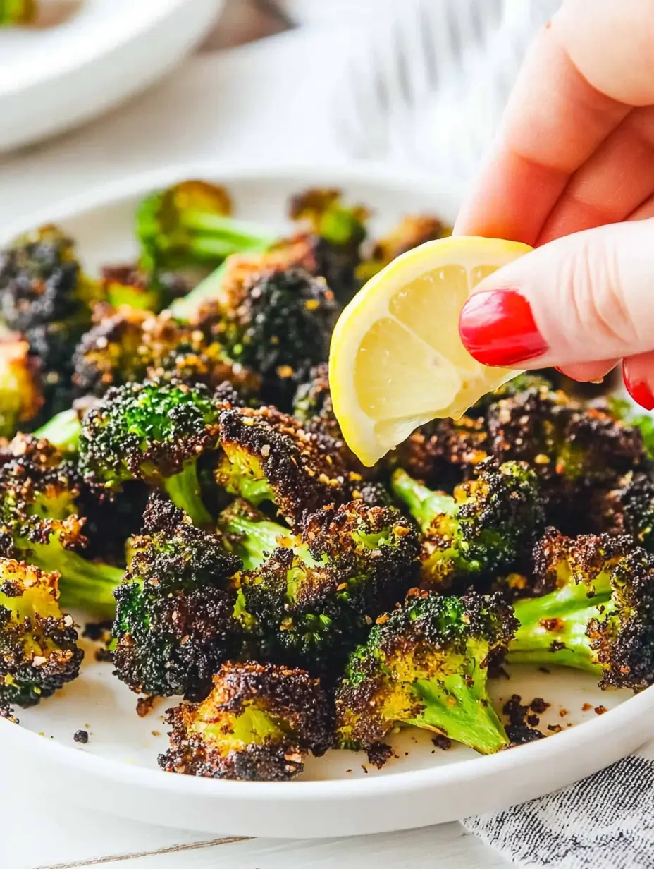 Frozen Broccoli in Air Fryer 11 hand-squeezing-lemon-over-crispy-air-fried-broccoli