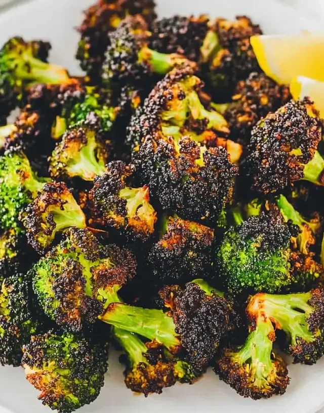 perfectly-air-fried-broccoli-florets-on-a-white-plate-with-lemon-slices