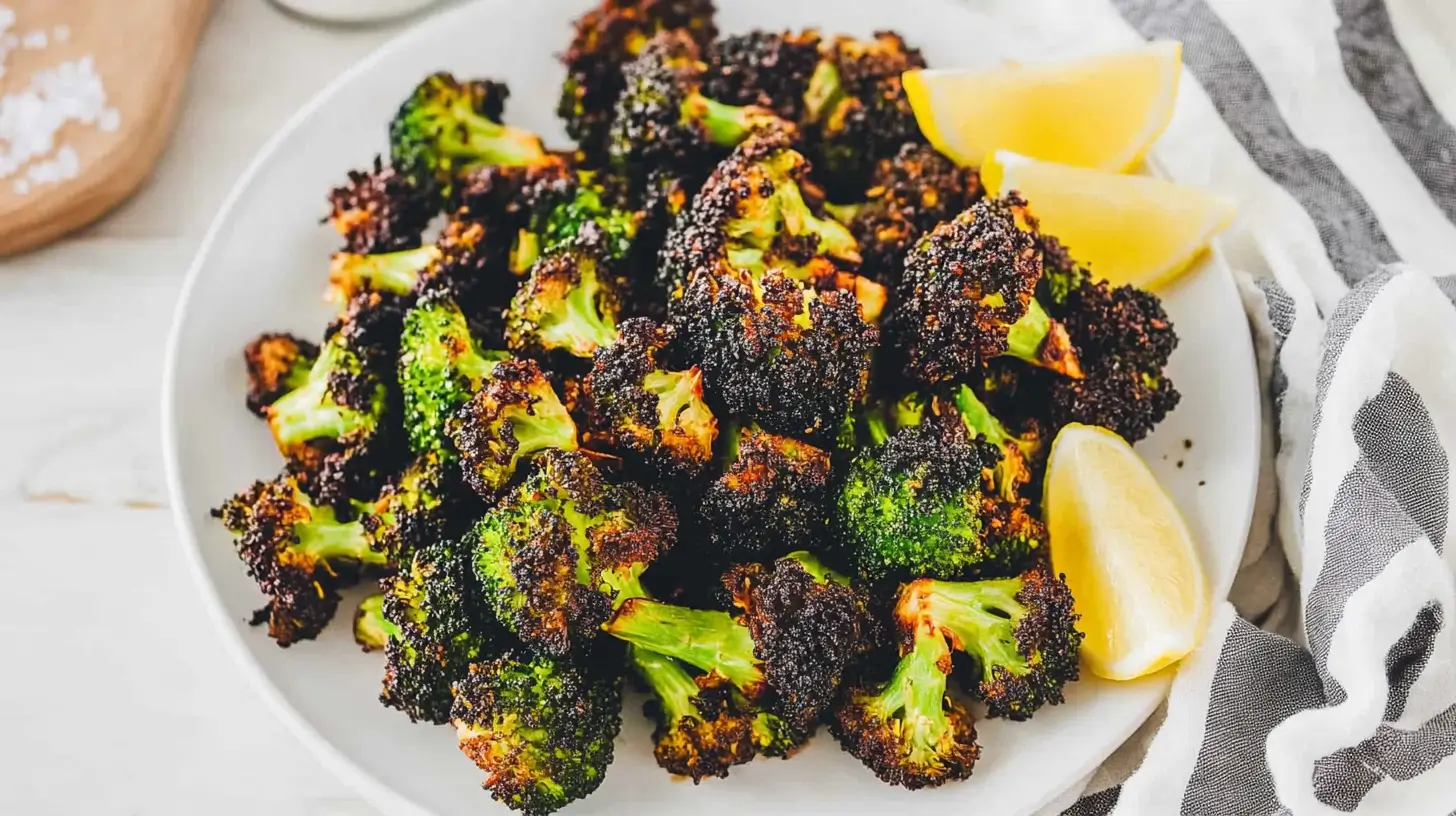 perfectly-air-fried-broccoli-florets-on-a-white-plate-with-lemon-slices