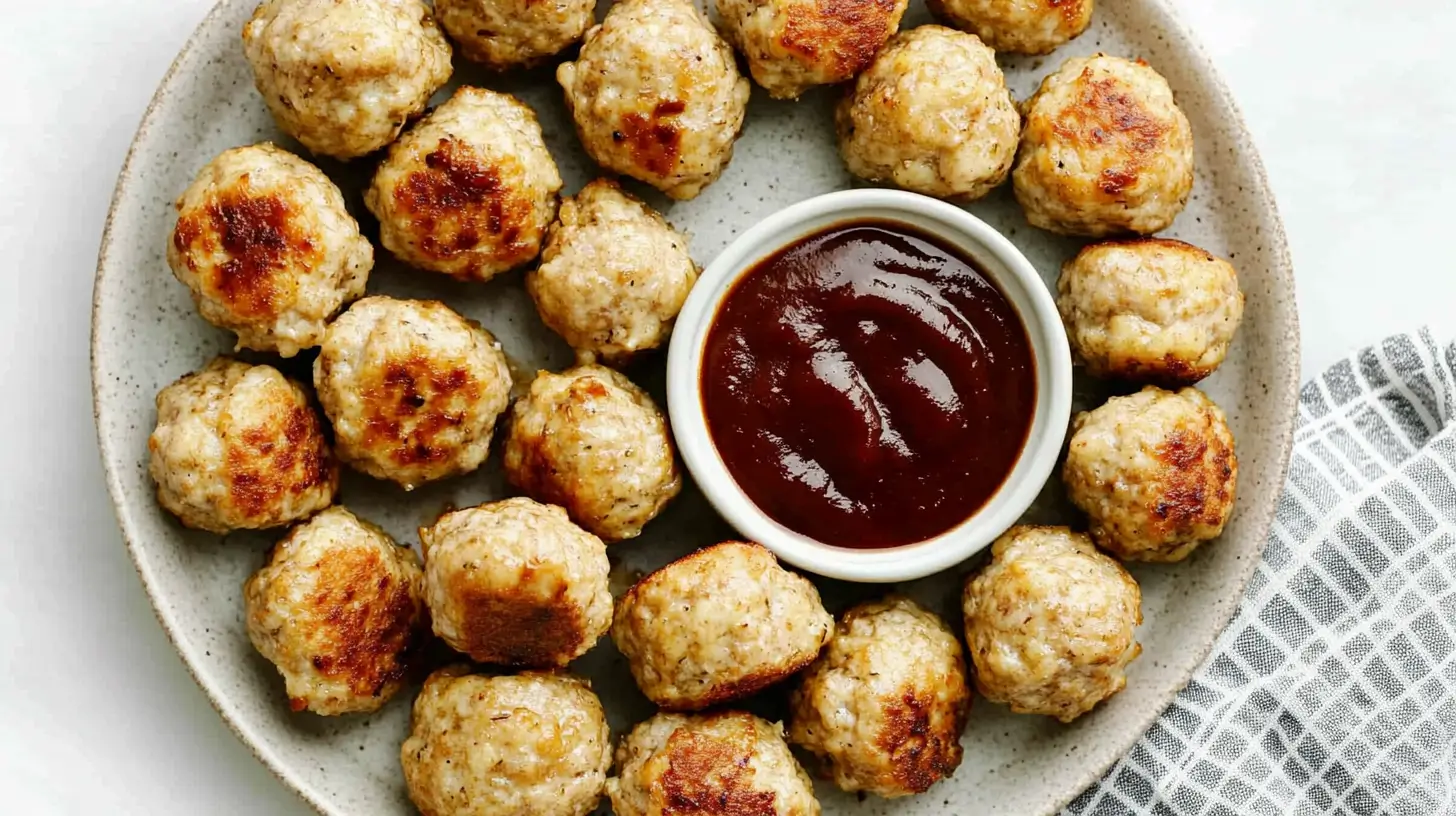 Ridiculously Good Frozen Meatballs in Air Fryer 6 frozen-meatballs-on-plate-with-bbq-sauce-in-a-bowl