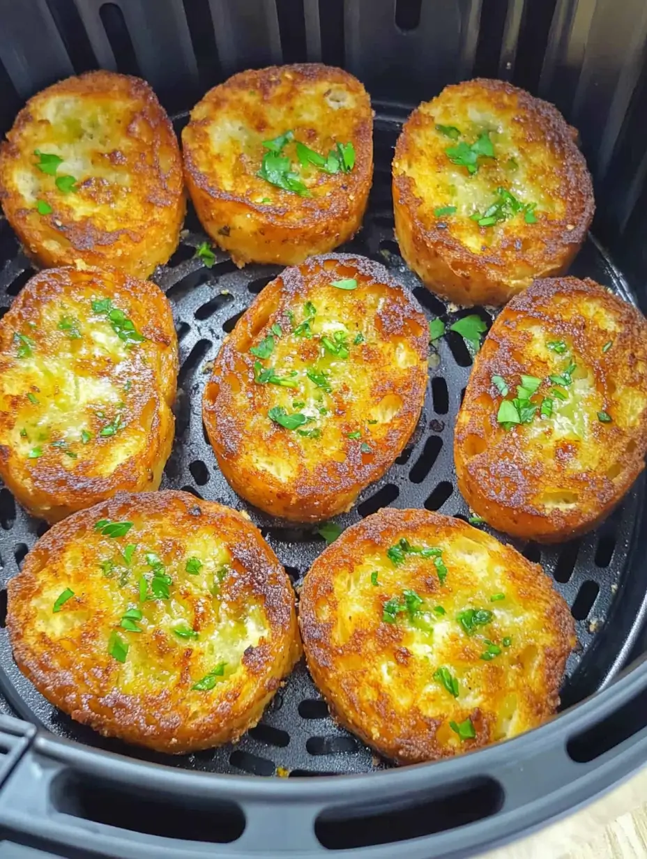 Irresistible Buttery Garlic Bread in Air Fryer 15 garlic-bread-slices-in-air-fryer-basket-golden-brown-with-parsley