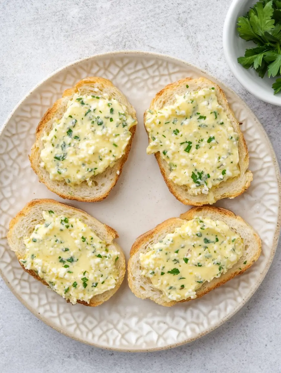Irresistible Buttery Garlic Bread in Air Fryer 14 garlic-bread-slices-on-plate-topped-with-garlic-butter-and-parsley
