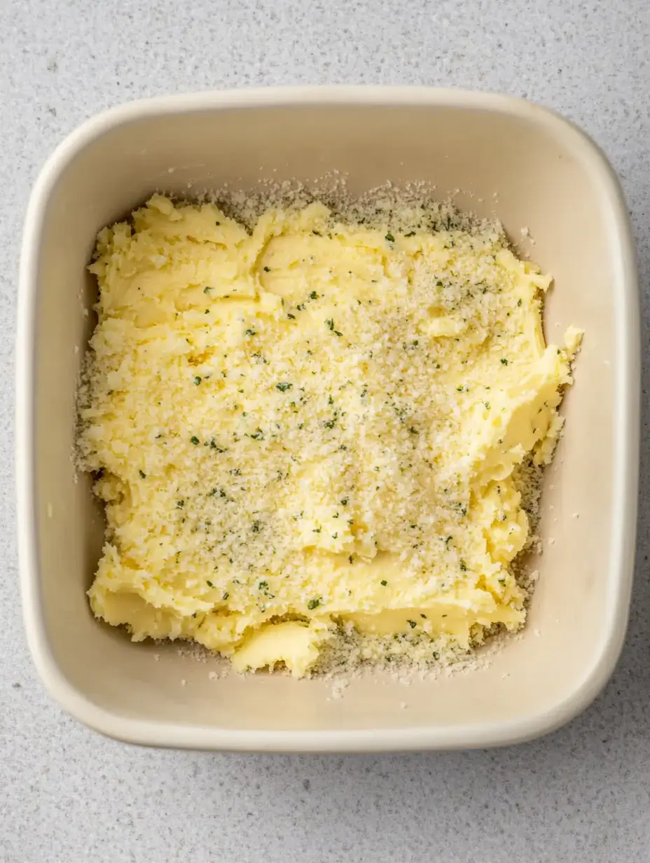 Irresistible Buttery Garlic Bread in Air Fryer 13 bowl-of-garlic-butter-topped-with-grated-parmesan-and-herbs