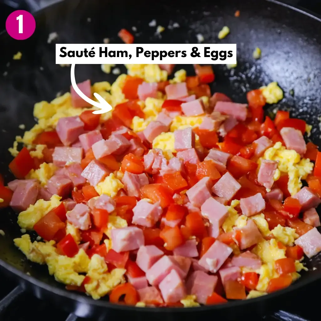 25-Minute Best Hawaiian Fried Rice Recipe 13 Sauté Ham, Peppers & Eggs