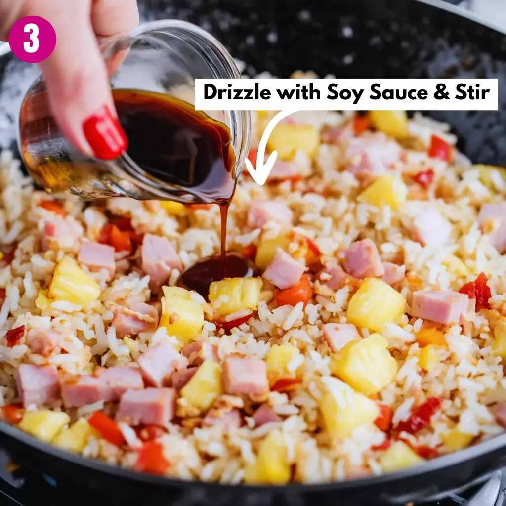 25-Minute Best Hawaiian Fried Rice Recipe 15 Drizzle with Soy Sauce & Stir