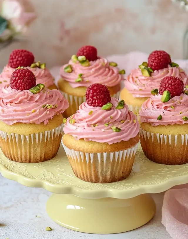 pistachio-and-raspberry-cupcakes-decorated-with-pink-frosting-raspberries-and-pistachio-on-a-yellow-stand