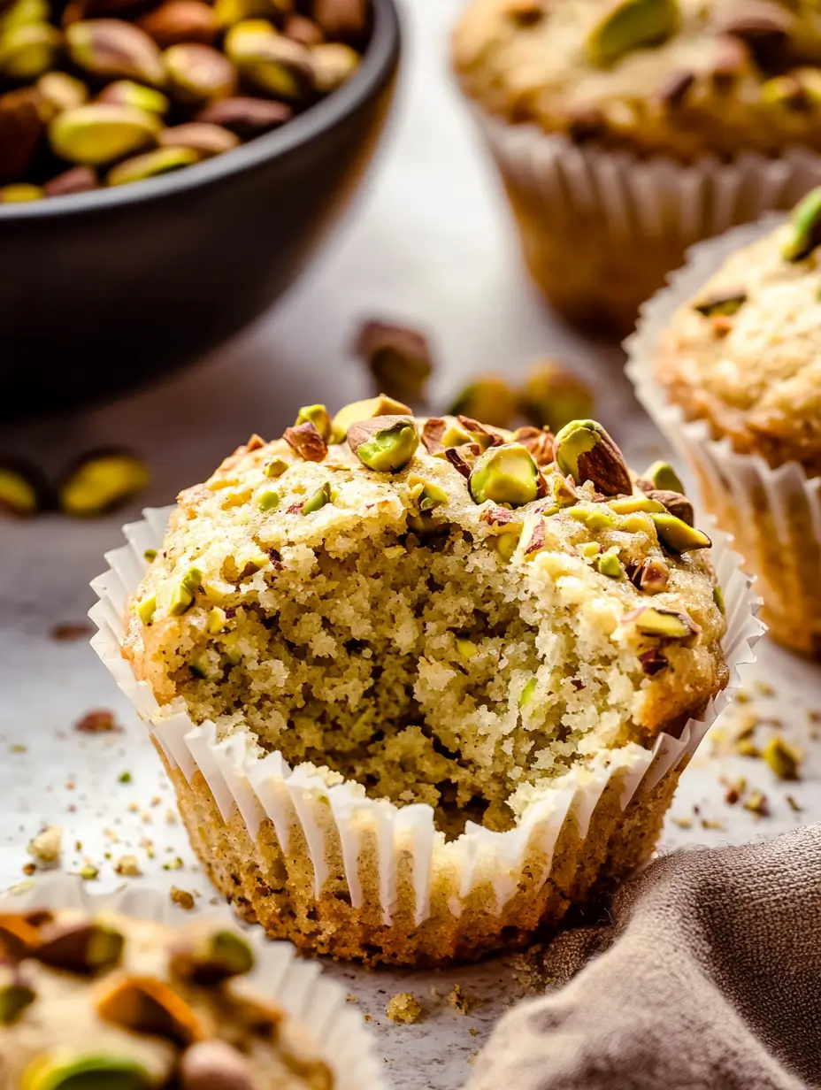 Pistachio Muffins(Bakery Style at Home) 15 pistachio-muffin-with-a-bite-taken-and-crushed-pistachios-in-the-background