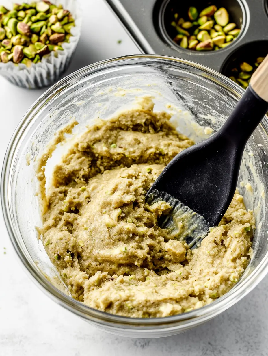Pistachio Muffins(Bakery Style at Home) 18 mixing-bowl-filled-with-pistachio-muffin-batter-and-a-black-spatula